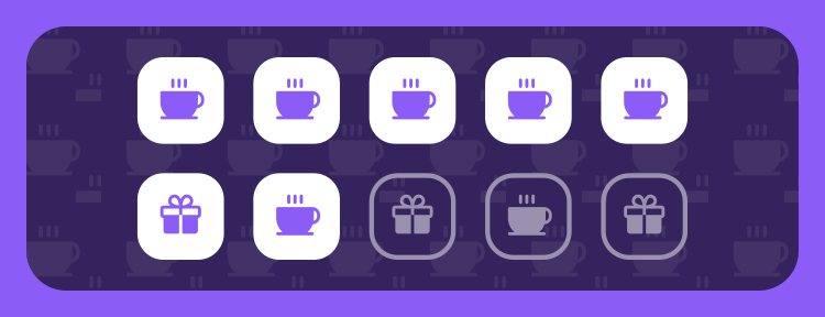 A ten-stamp coffee loyalty card with rewards at six, eight and ten stamps